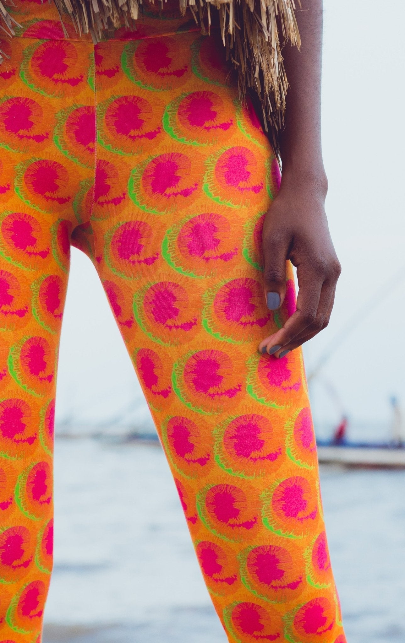 Leggings Yoga cotone organico GOTS fantasia rosa arancione e verde afro